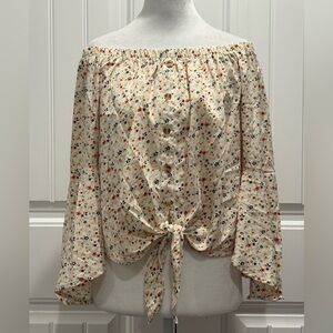 New Glory Women’s Cream Floral Off-Shoulder Tie-Front Blouse Size M